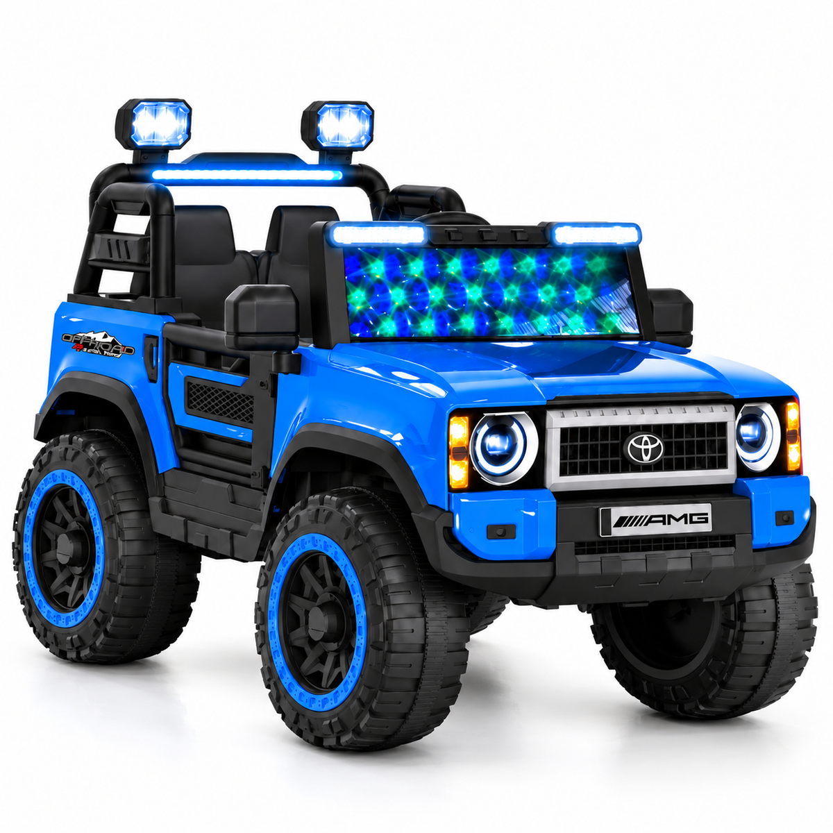 Blue kids ride-on jeep with LED light bar, front headlights, and grille details