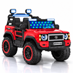 Red kids electric ride-on jeep with LED windshield lights and grille headlights