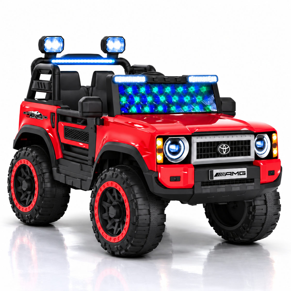 Red kids electric ride-on jeep with LED windshield lights and grille headlights