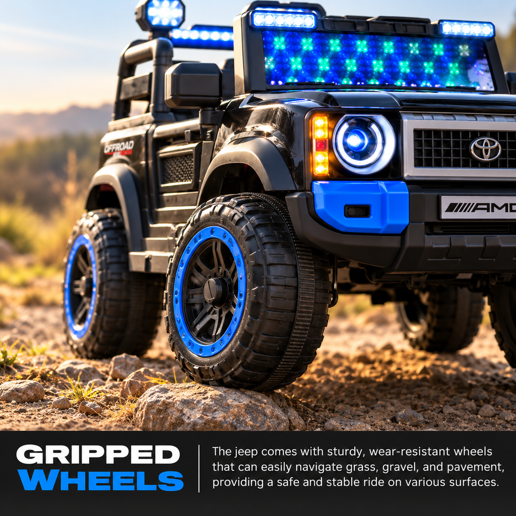 Front wheels of black kids ride-on jeep with gripped tires and glowing headlight LEDs