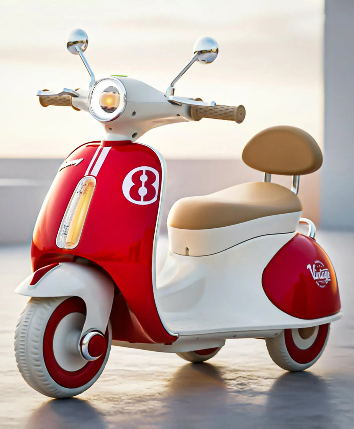 Red and white kids battery ride-on Vespa scooter with front headlight, beige seat, and wheels