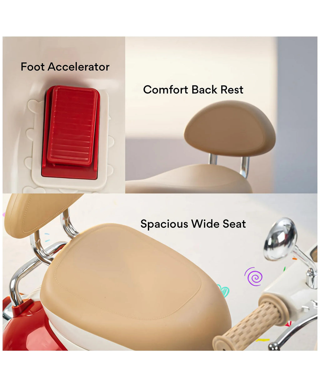 Kids ride-on scooter seat with comfort back rest and red foot accelerator pedal