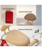 Kids ride-on scooter seat with comfort back rest and red foot accelerator pedal