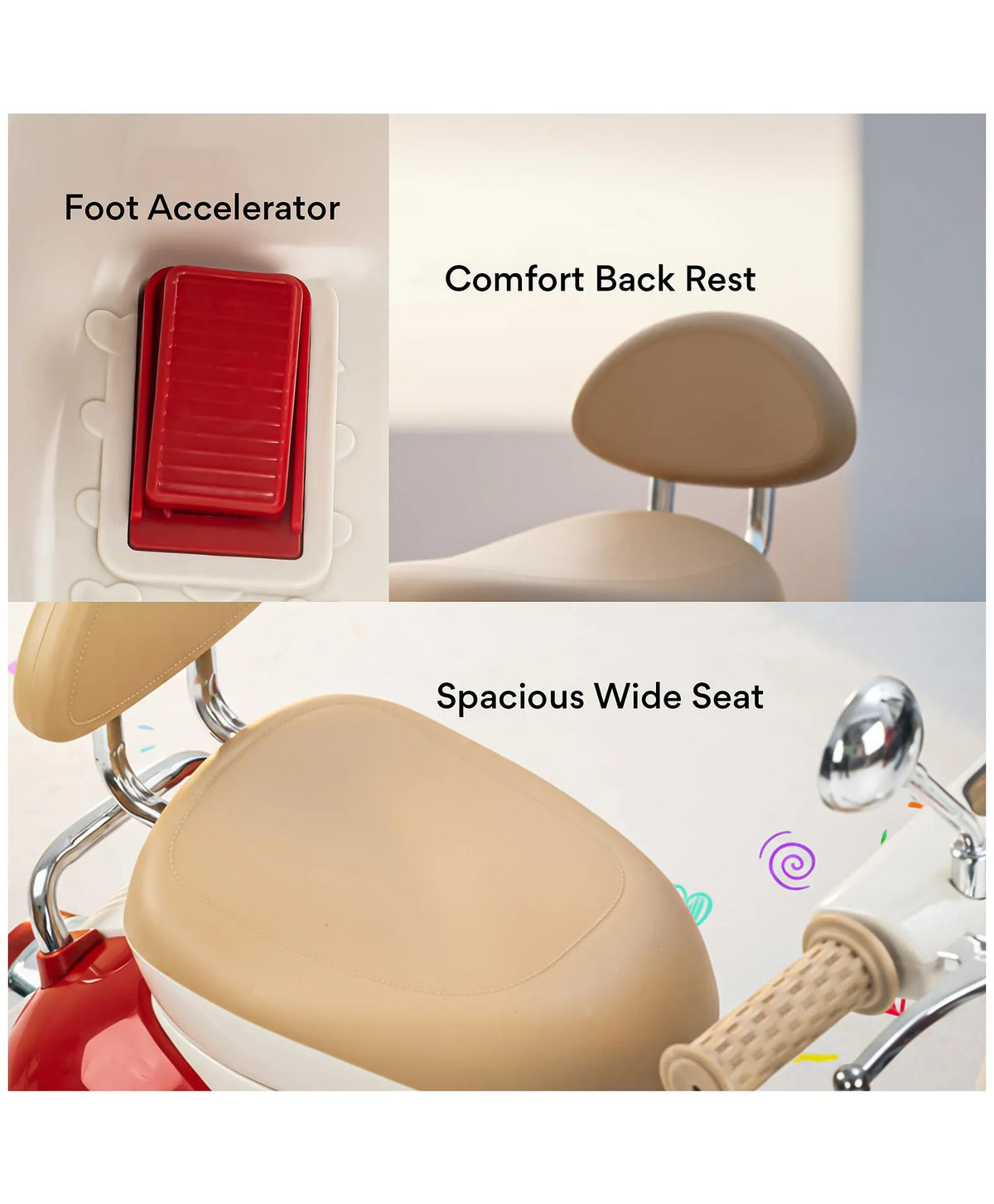 Kids ride-on scooter seat with comfort back rest and red foot accelerator pedal