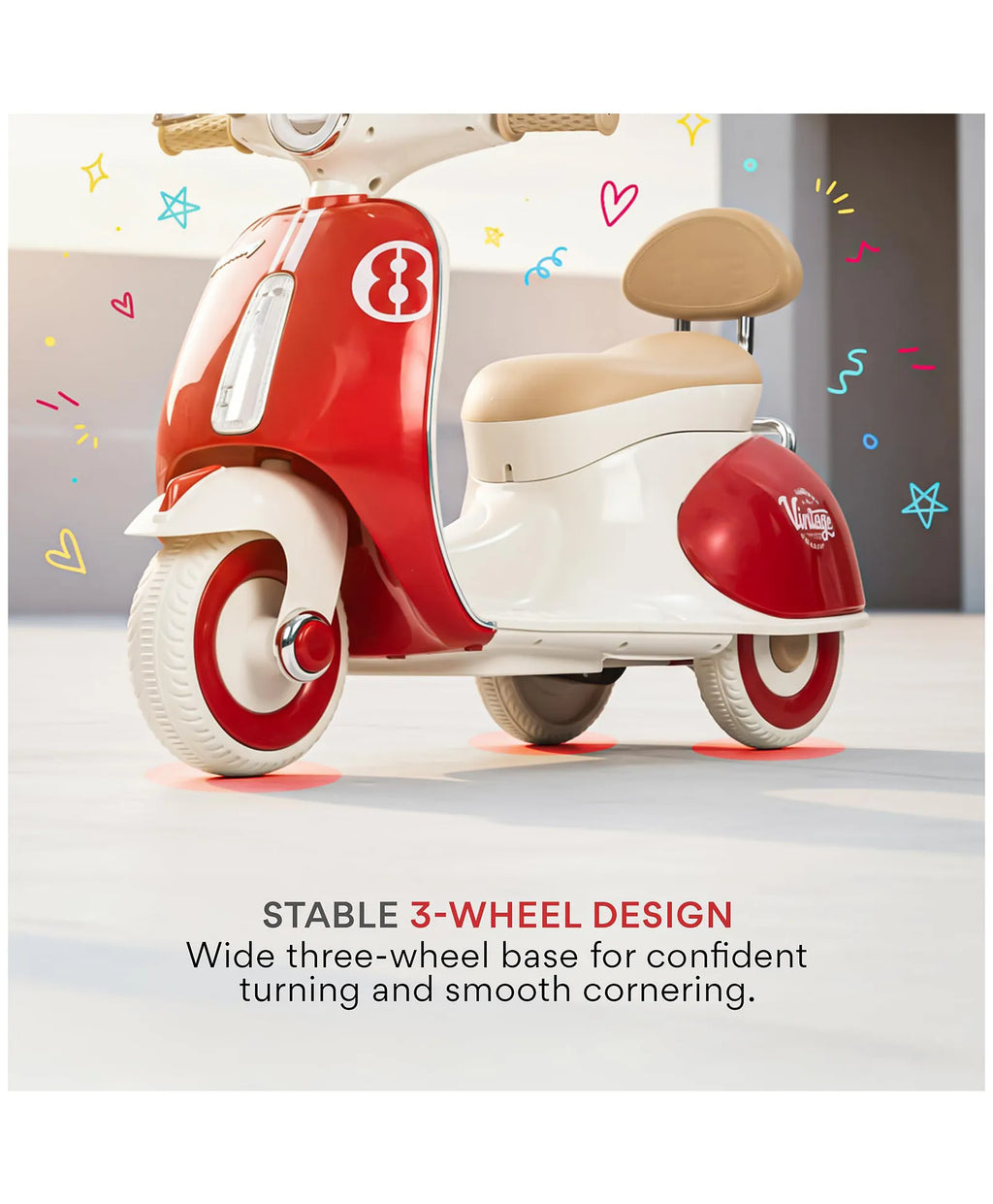 Red and white kids battery ride-on Vespa scooter with three-wheel base and wide beige seat