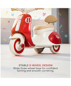 Red and white kids battery ride-on Vespa scooter with three-wheel base and wide beige seat