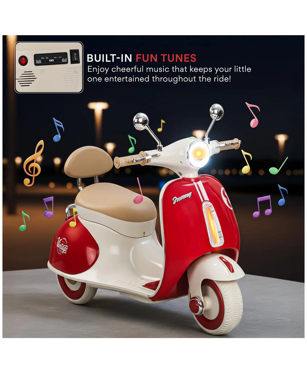 Red and white kids battery ride-on Vespa scooter with glowing headlight and beige seat