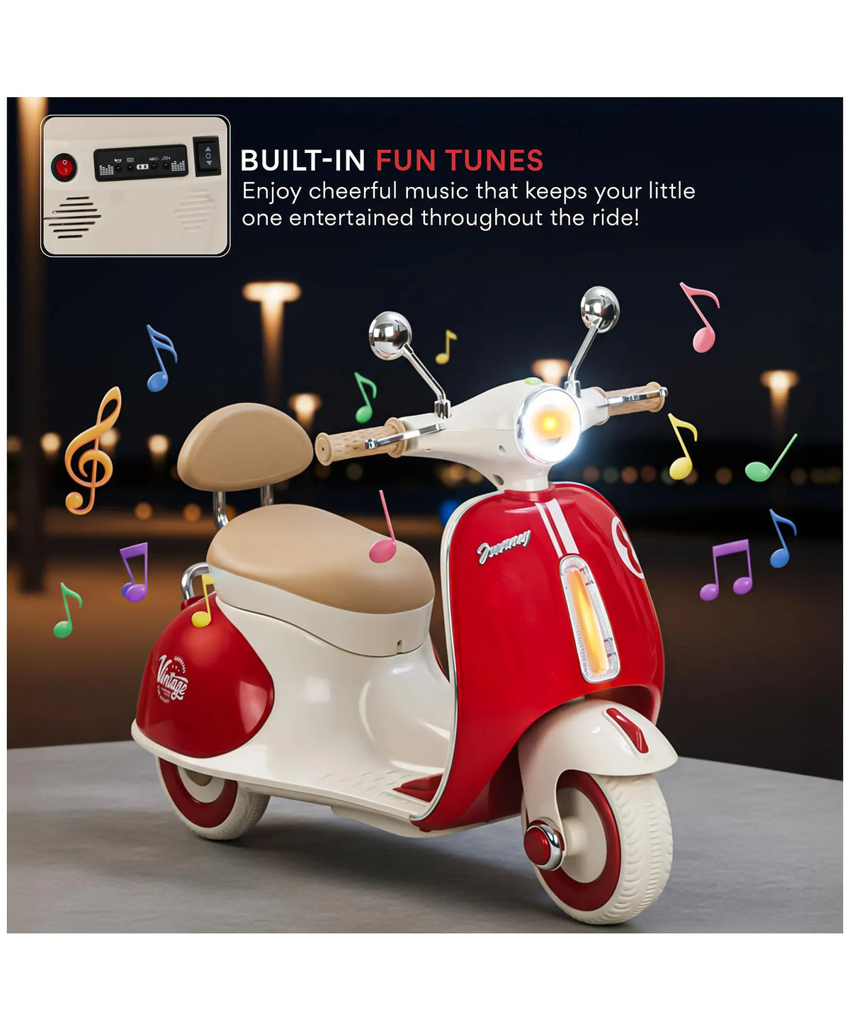 Red and white kids battery ride-on Vespa scooter with glowing headlight and beige seat