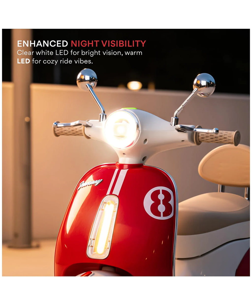 Red and white kids ride-on Vespa scooter front with bright LED headlight and chrome grips