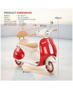 Red and white kids battery ride-on scooter with wide rounded beige seat and handlebar light