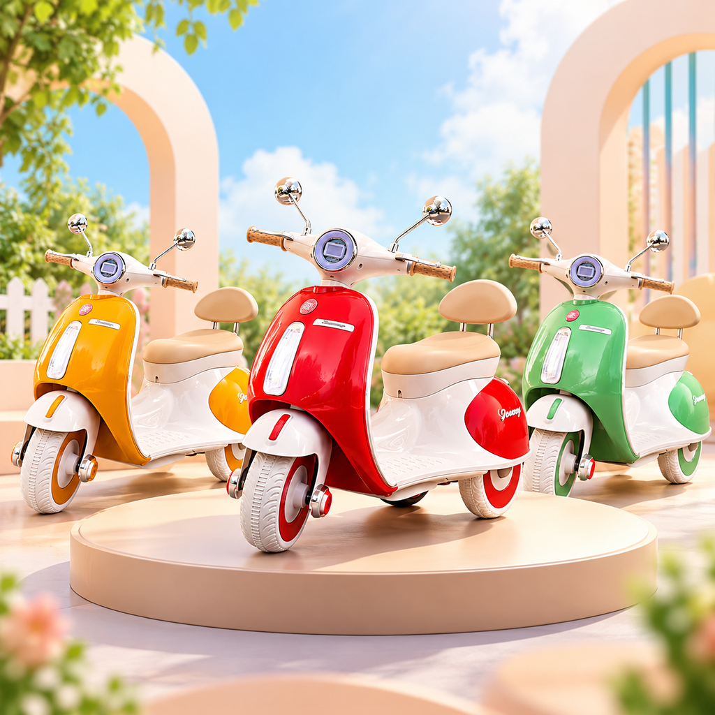 Kids battery ride-on Vespa scooter with front headlight and wide beige seat (multiple colors)
