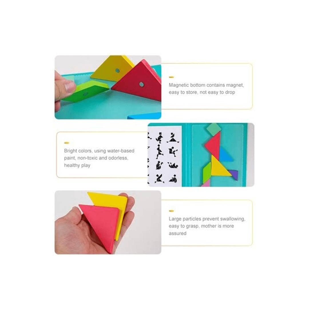 Happy Hues Toys Happy Hues Travel Wooden Tangram Puzzle - Magnetic Pattern Block Book with Solution| 3D Puzzle Road Trip Game (2-7 Years)