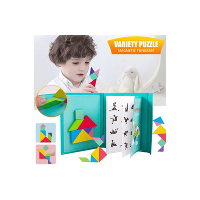Happy Hues Toys Happy Hues Travel Wooden Tangram Puzzle - Magnetic Pattern Block Book with Solution| 3D Puzzle Road Trip Game (2-7 Years)