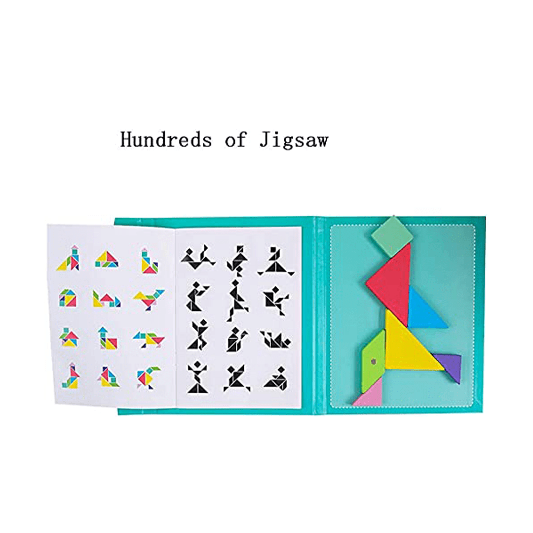 Happy Hues Toys Happy Hues Travel Wooden Tangram Puzzle - Magnetic Pattern Block Book with Solution| 3D Puzzle Road Trip Game (2-7 Years)