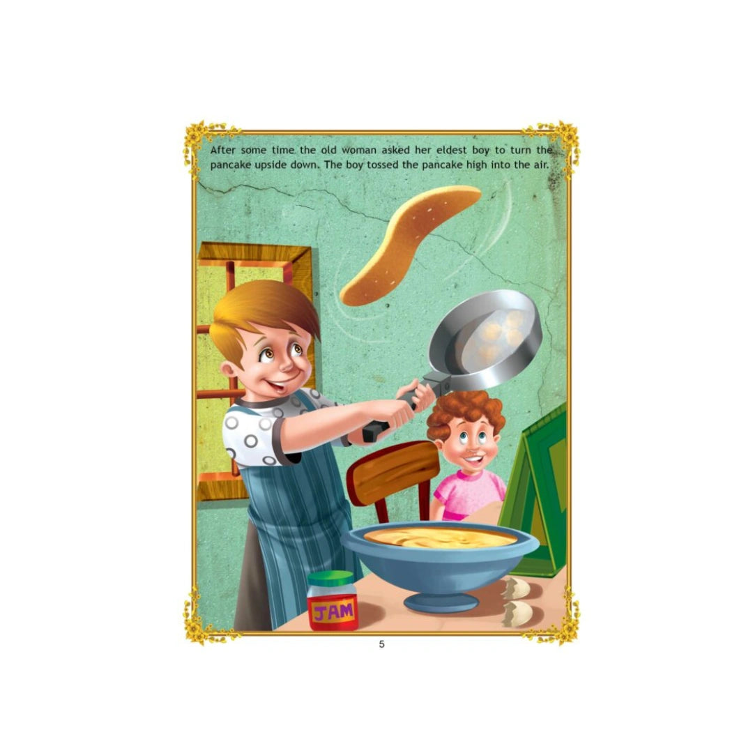 Runaway pancake rolling away while animals and children chase it.