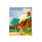 Runaway pancake rolling away while animals and children chase it.