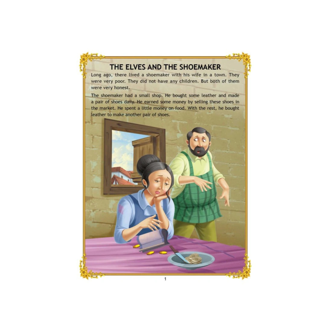 Kind little elves help a poor shoemaker make shoes.