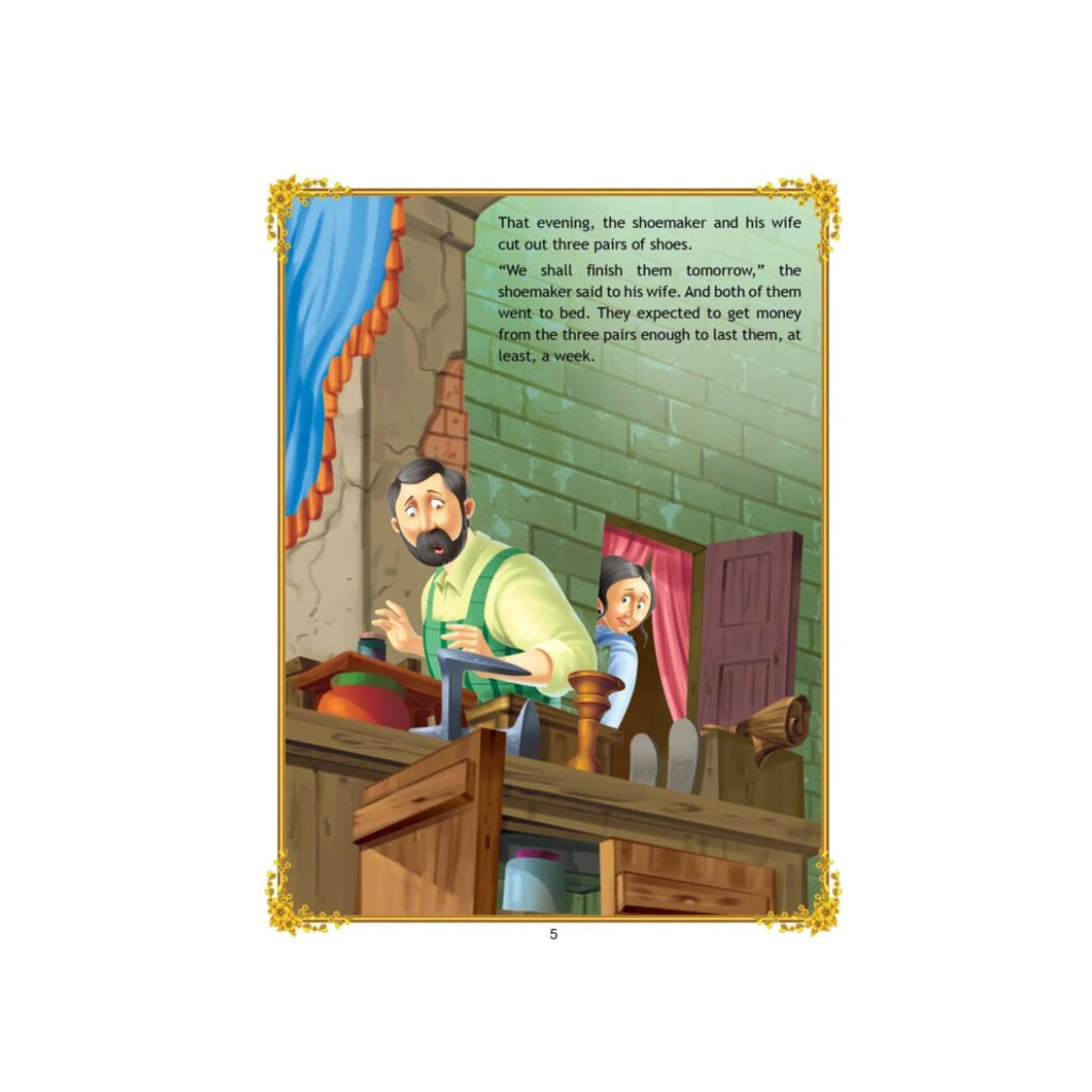 Kind little elves help a poor shoemaker make shoes.