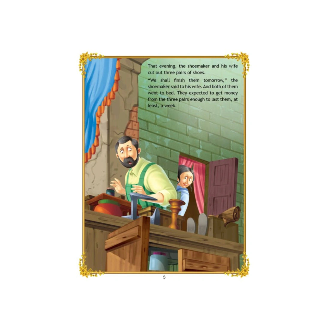 Kind little elves help a poor shoemaker make shoes.