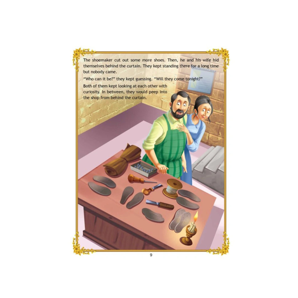 Kind little elves help a poor shoemaker make shoes.