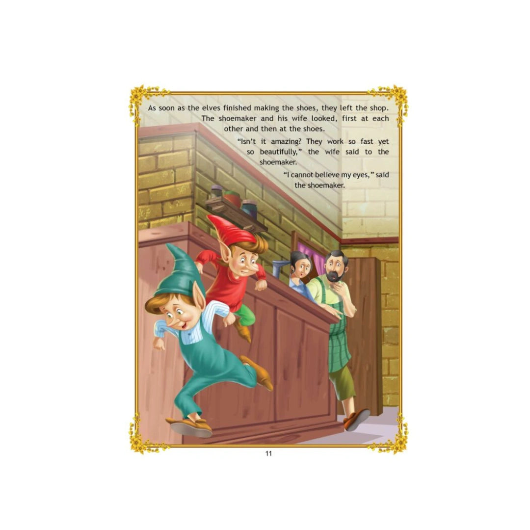 Kind little elves help a poor shoemaker make shoes.