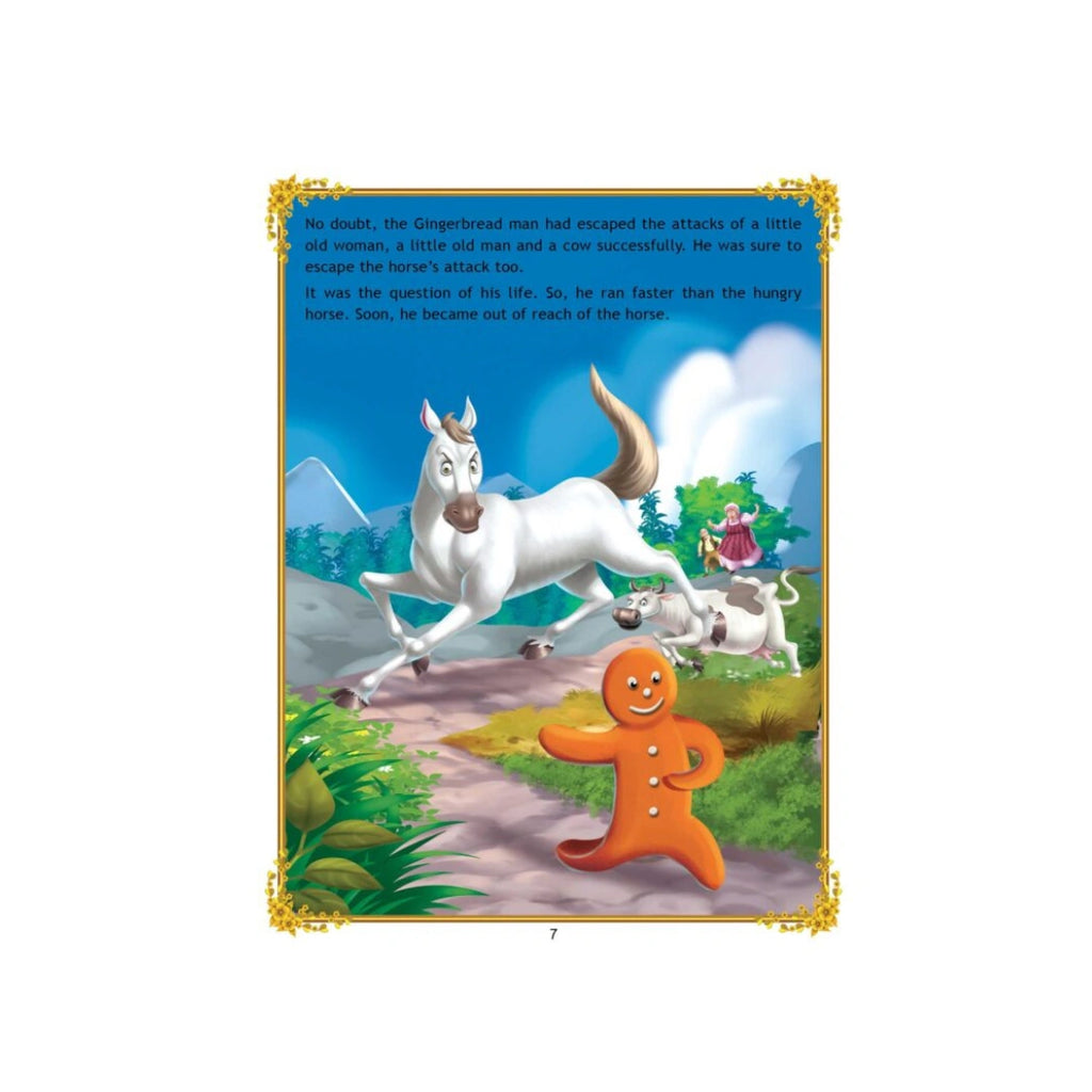 A gingerbread man runs away and meets a fox.