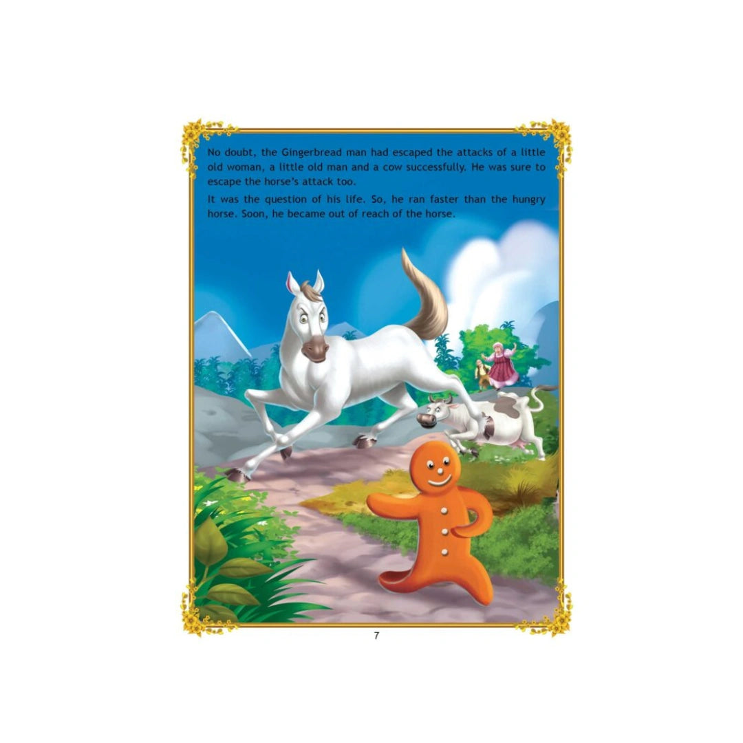 A gingerbread man runs away and meets a fox.