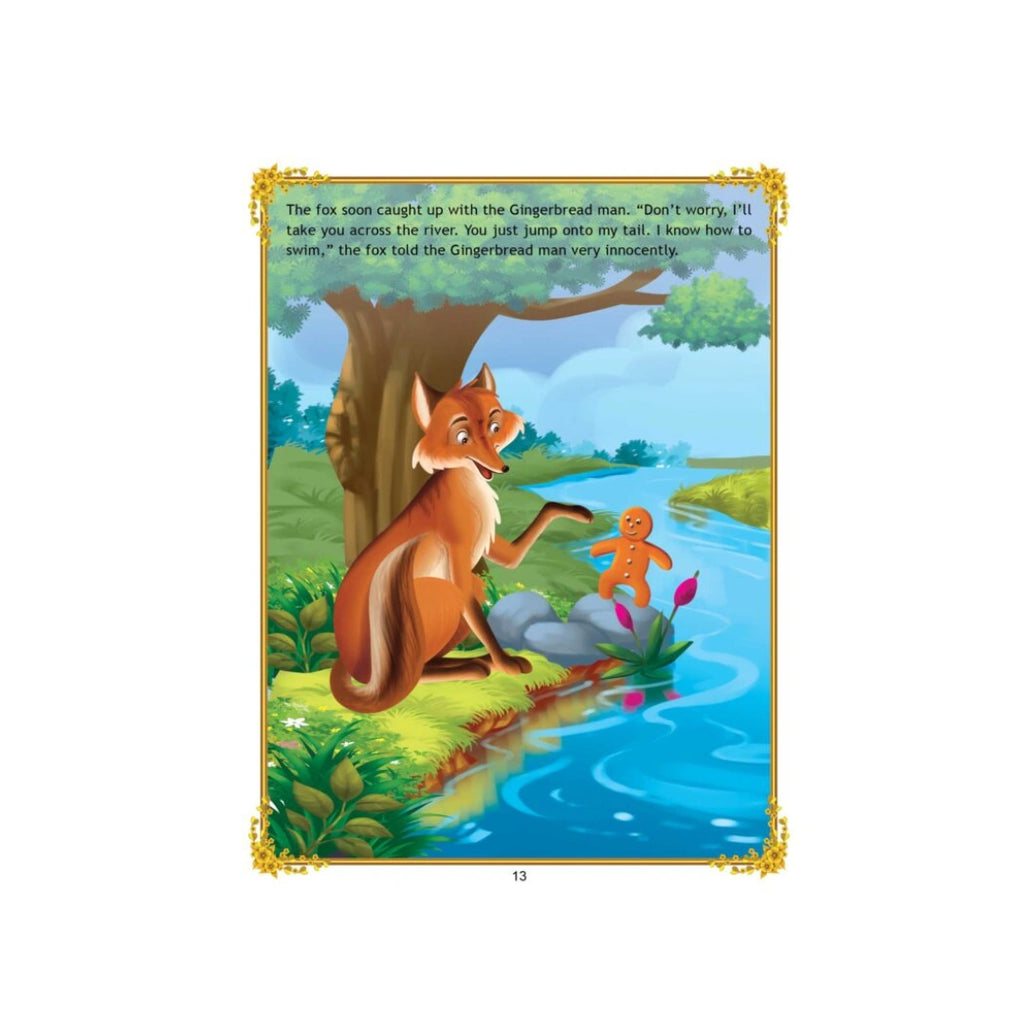 A gingerbread man runs away and meets a fox.