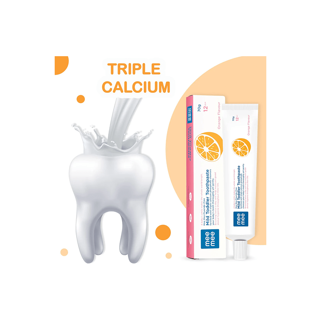 Mee Mee Baby Care Mee Mee Fluoride-Free Mild Toddler Toothpaste with Triple Calcium Orange Flavor, 70gms ( 12 Months+ )