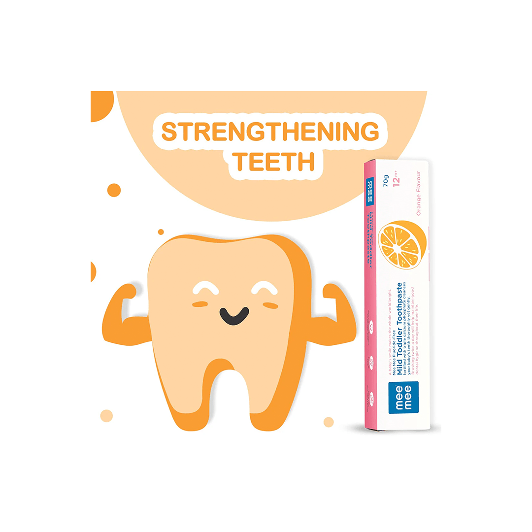 Mee Mee Baby Care Mee Mee Fluoride-Free Mild Toddler Toothpaste with Triple Calcium Orange Flavor, 70gms ( 12 Months+ )