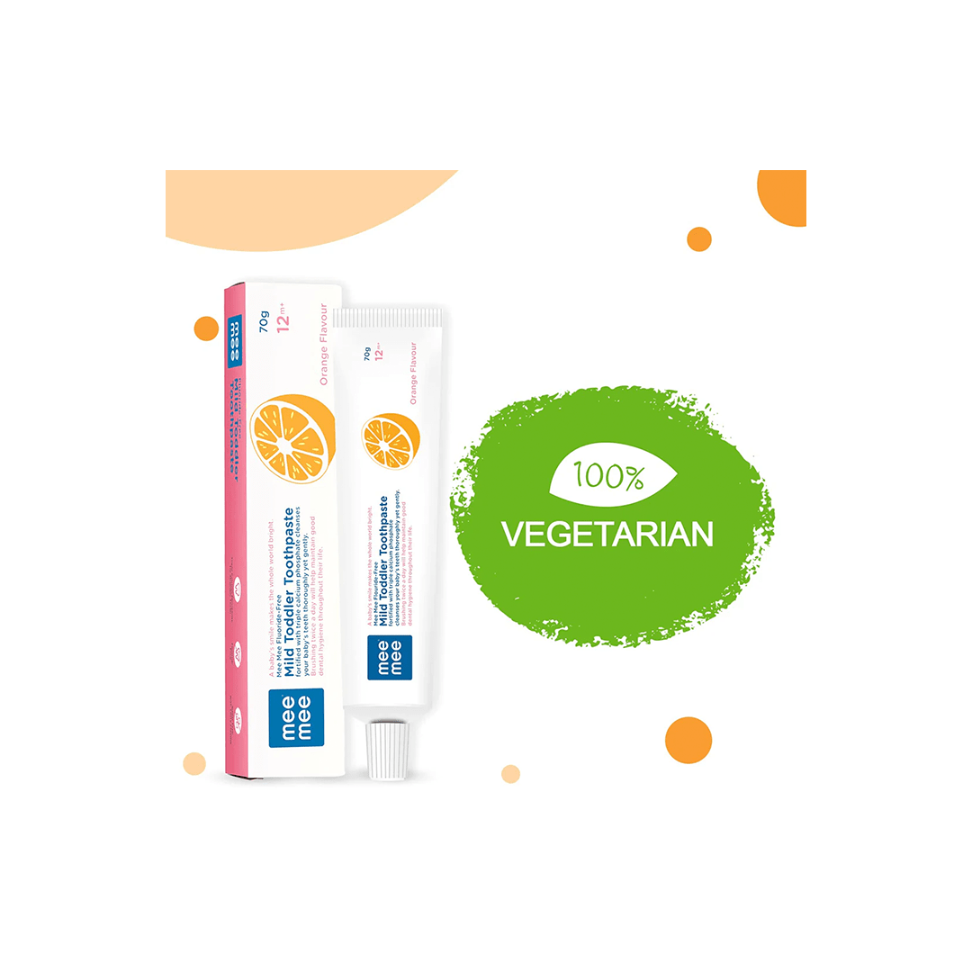 Mee Mee Baby Care Mee Mee Fluoride-Free Mild Toddler Toothpaste with Triple Calcium Orange Flavor, 70gms ( 12 Months+ )