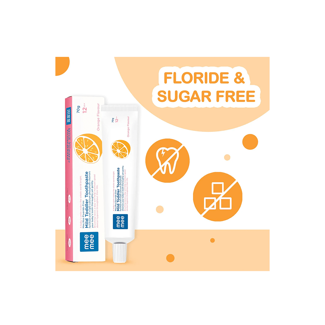 Mee Mee Baby Care Mee Mee Fluoride-Free Mild Toddler Toothpaste with Triple Calcium Orange Flavor, 70gms ( 12 Months+ )