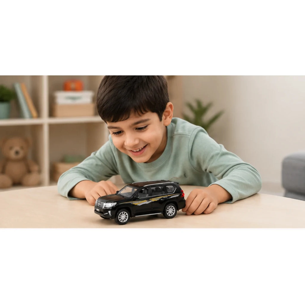 Toyota Land Cruiser Prado diecast toy car with lights, sound, and pull-back action