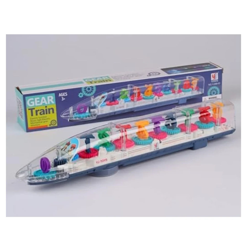 Transparent battery-operated train toy with moving gears