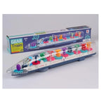 Transparent battery-operated train toy with moving gears