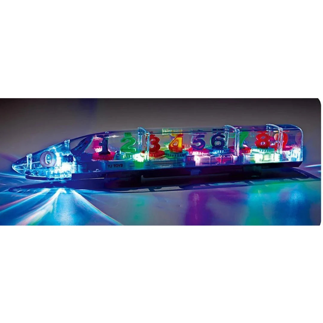 Transparent battery-operated train toy with moving gears