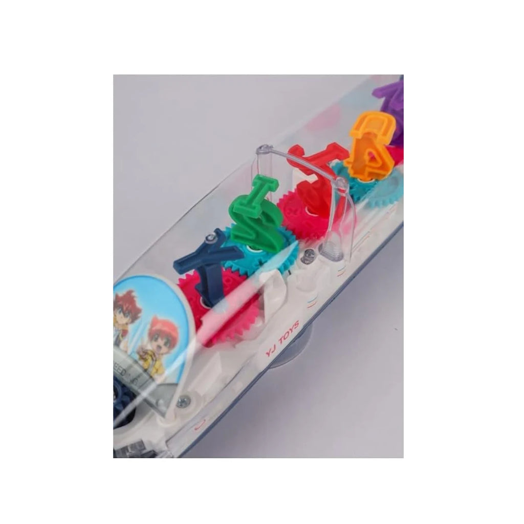 Transparent battery-operated train toy with moving gears