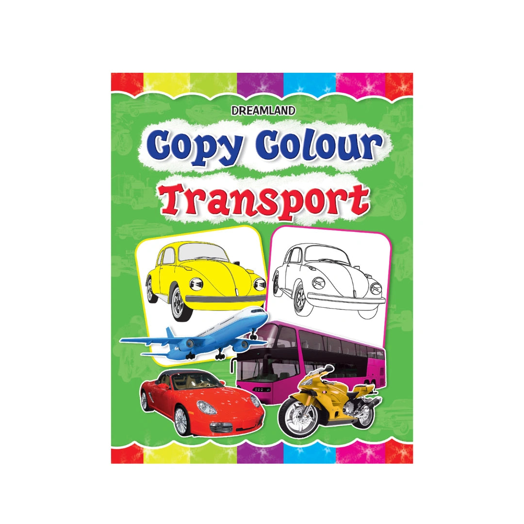 Transport colouring book with vehicle pictures for kids.