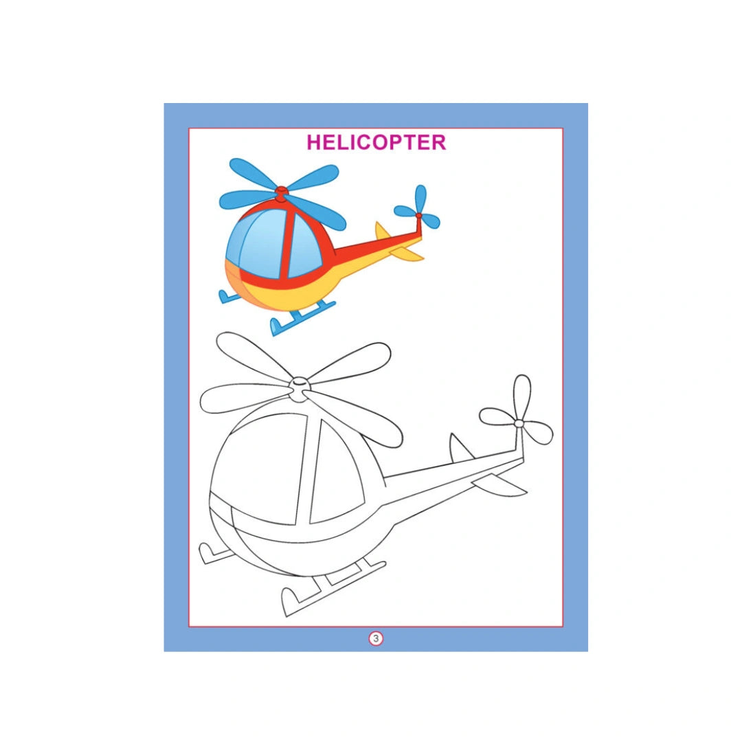 Transport colouring book with vehicle pictures for kids.