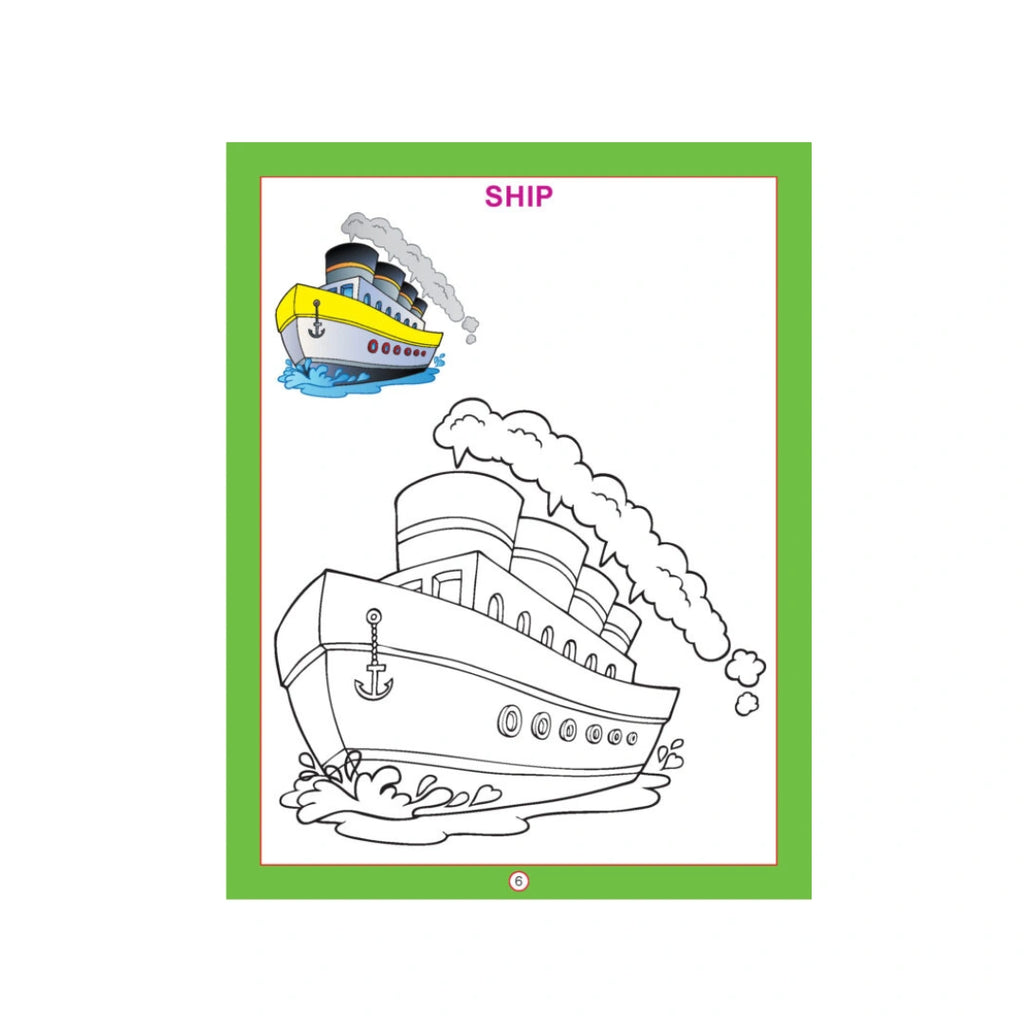 Transport colouring book with vehicle pictures for kids.
