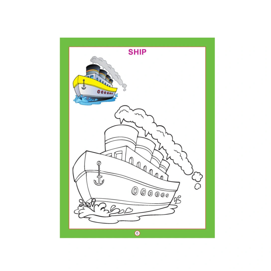 Transport colouring book with vehicle pictures for kids.