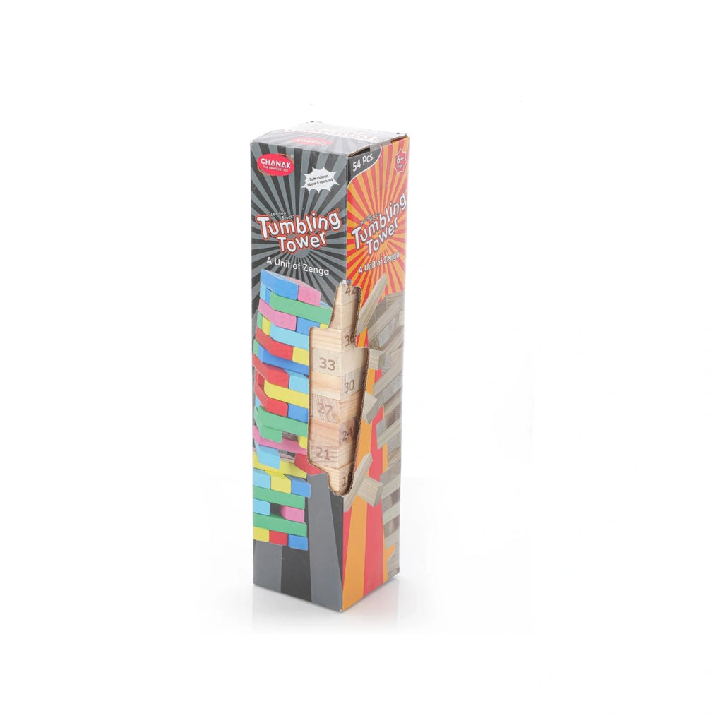 Wooden tumbling tower stacking game with dice for family fun.
