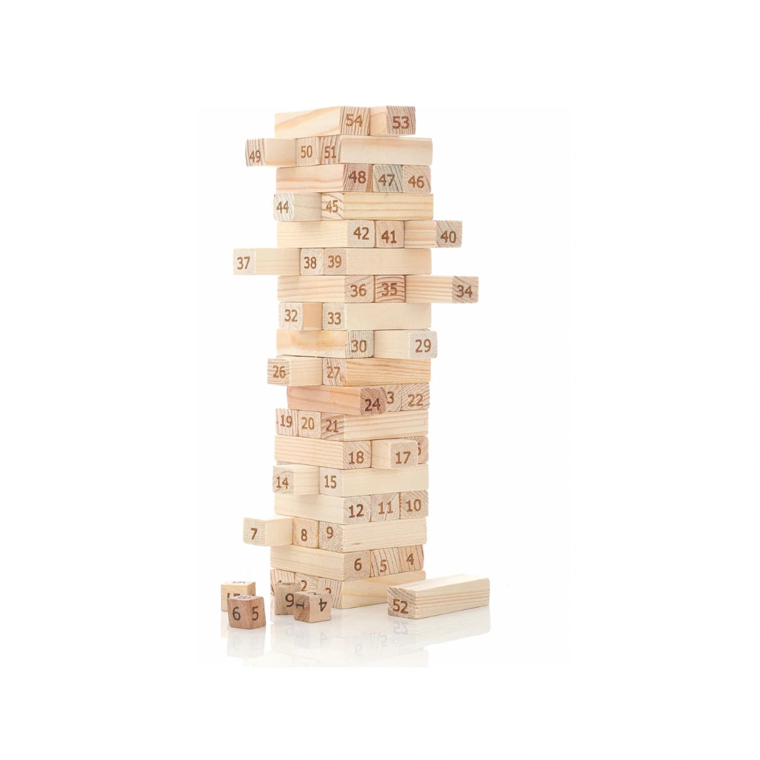 Wooden tumbling tower stacking game with dice for family fun.
