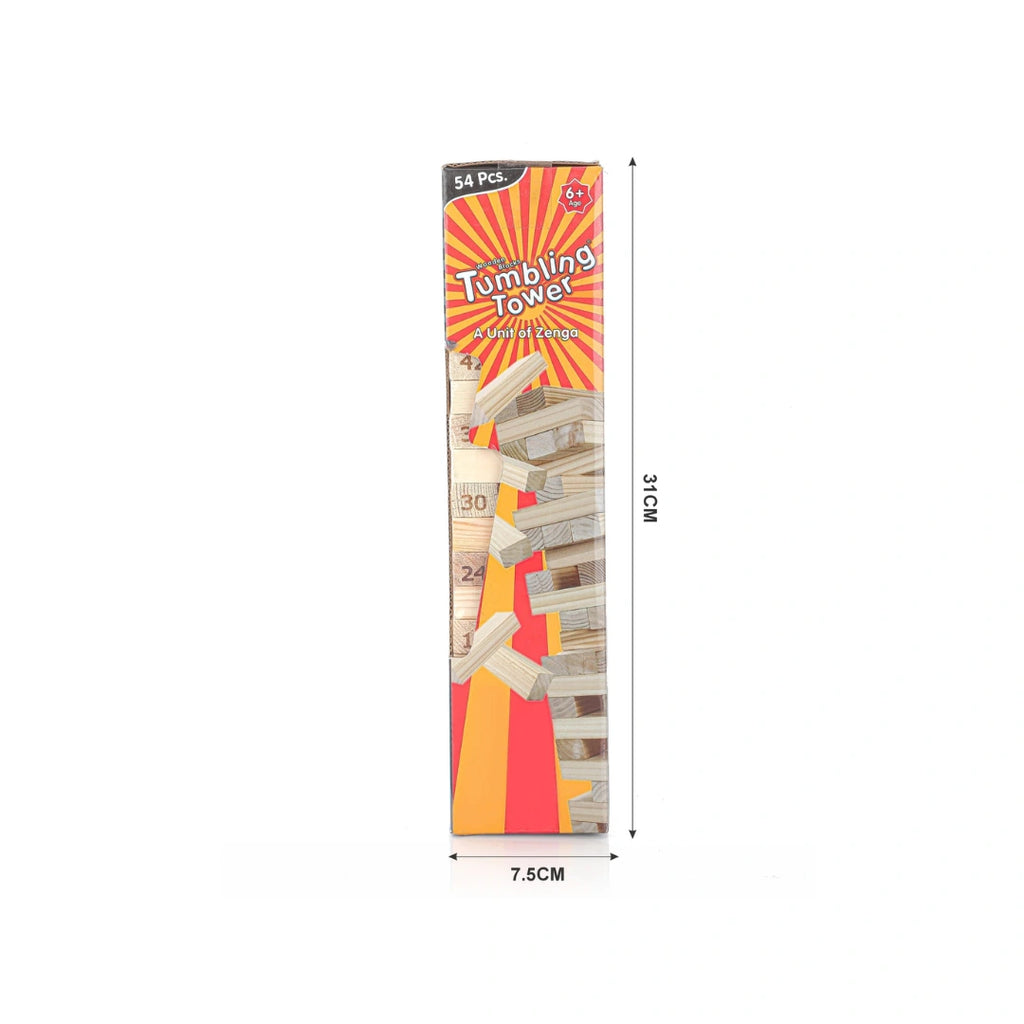 Wooden tumbling tower stacking game with dice for family fun.

