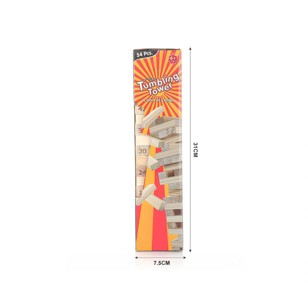 Wooden tumbling tower stacking game with dice for family fun.

