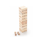 Wooden tumbling tower stacking game with dice for family fun.
