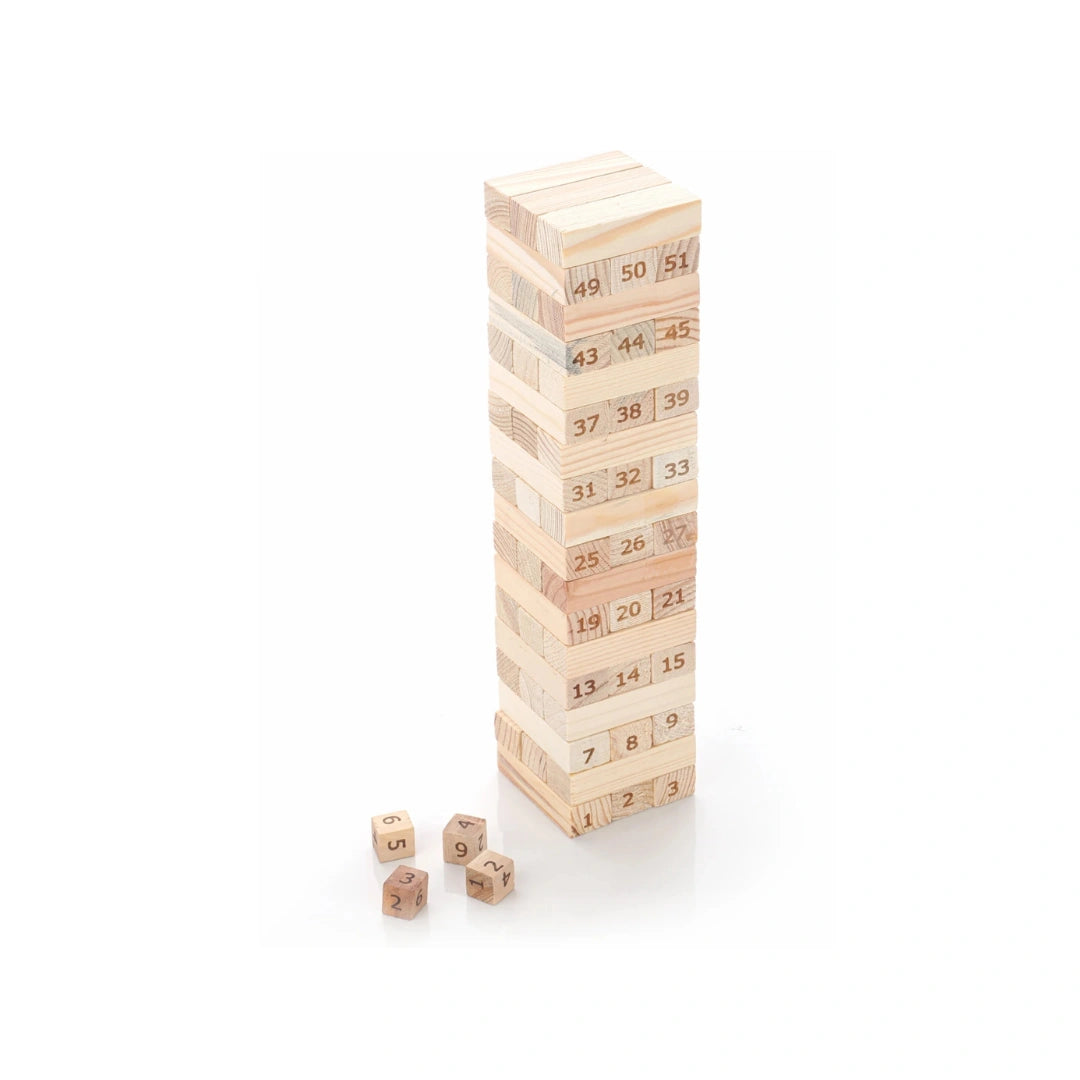 Wooden tumbling tower stacking game with dice for family fun.

