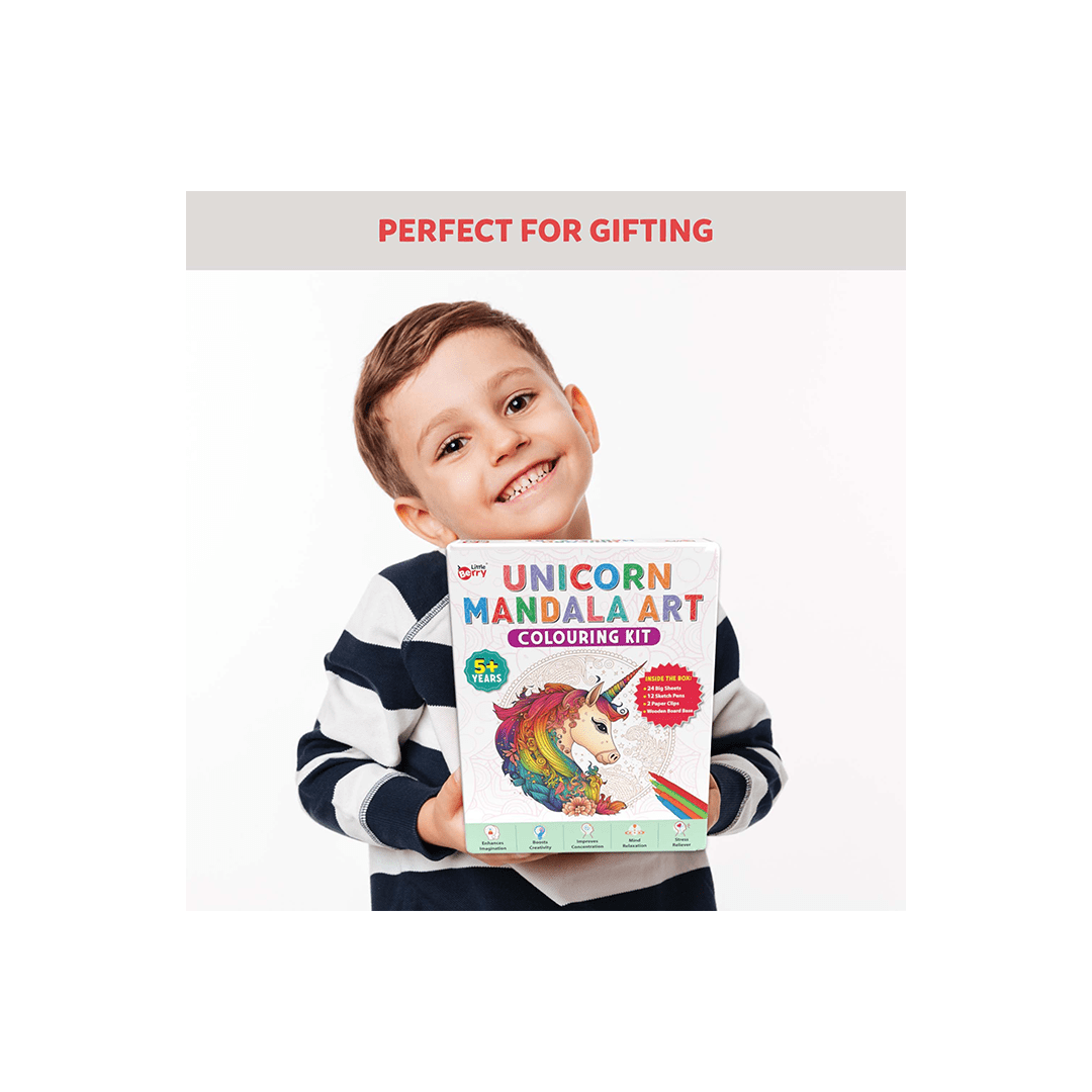 Little Berry Art And Craft Kit Little Berry Unicorn Mandala Art Colouring Kit With 24 Big Sheets and 12 Sketch Pens for Girls & Boys - Multicolour (5 Years+)