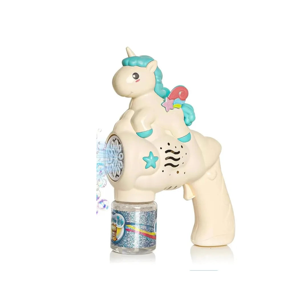 Unicorn bubble gun toy blowing colorful bubbles.