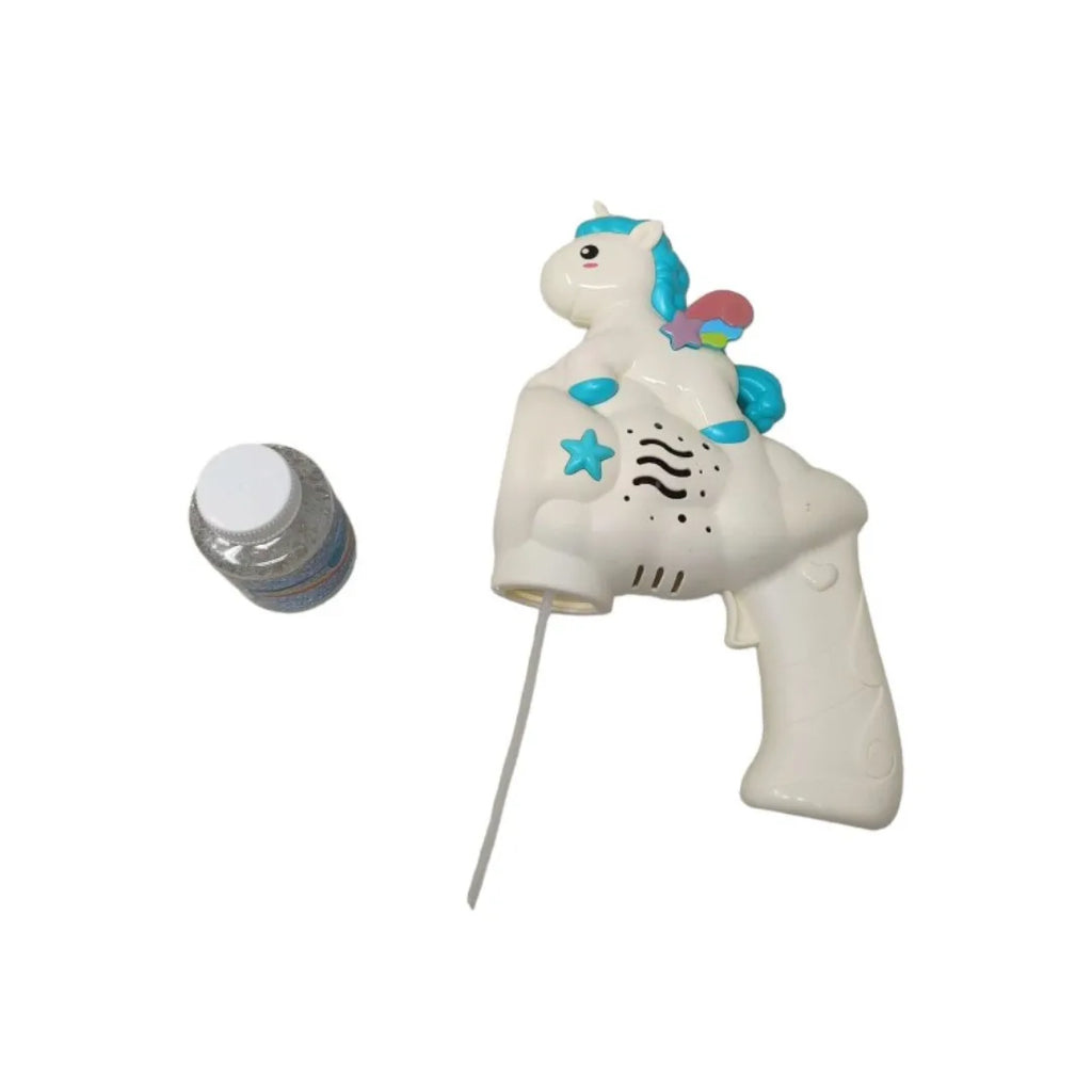 Unicorn bubble gun toy blowing colorful bubbles.